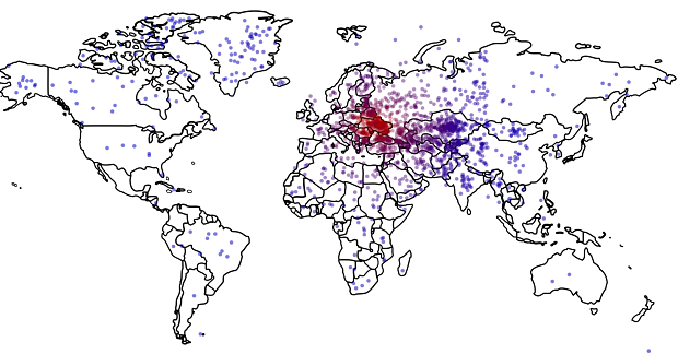 Où est l’Ukraine ? Les points rouges correspondent aux réponses les plus proches, les bleus : les plus éloignées. Crédits : Survey Sampling International; / Thomas Zeitzoff/The Monkey Cage